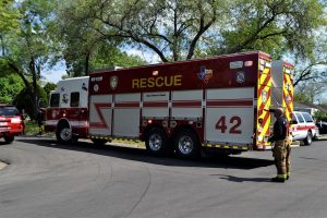 fire department rescue truck in a residential neighborhood