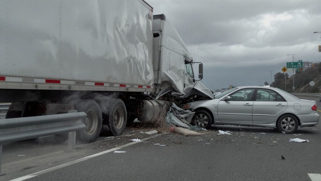 Car crushed under a semi-truck, used to explain Piercing the Corporate Veil in NYC truck accidents.