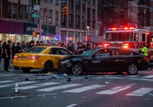 Accidente de Uber y taxi en una intersección de Nueva York destacando la complejidad de seguros de rideshare.