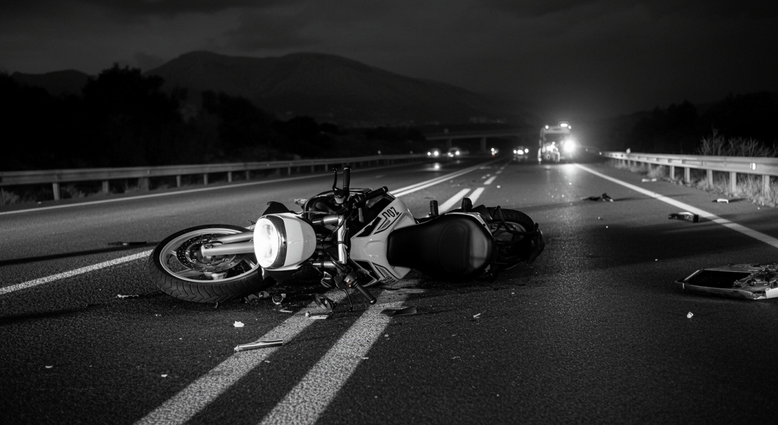 Motocicleta accidentada en una autopista de Nueva York de noche, donde los daños superan los límites básicos de seguro.