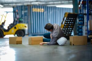 Trabajador lesionado en el suelo de un almacén tras una caída por negligencia de terceros en una obra de construcción de Nueva York.