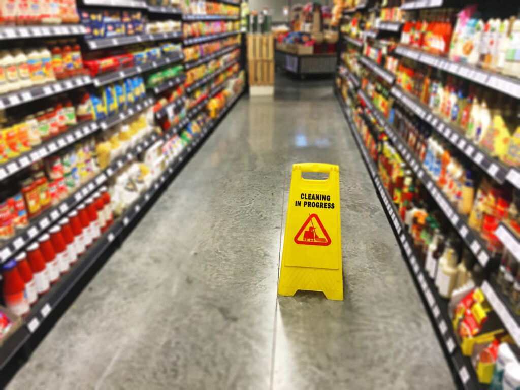 A yellow floor sign in a grocery store aisle highlights the importance of Constructive Notice in NYC Slip and Fall Claims.